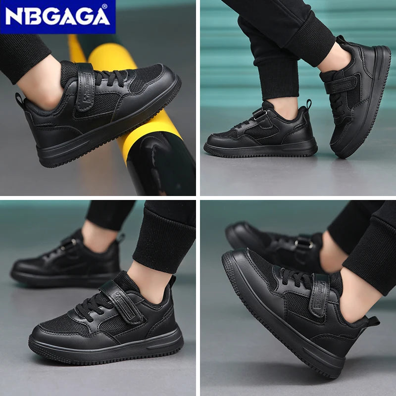 Kids Black Leather Casual Sneakers