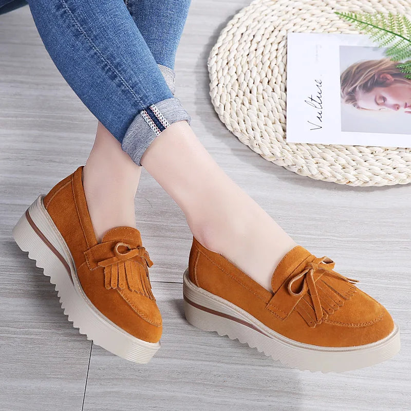 Cow Suede Leather Platform Flat Shoes