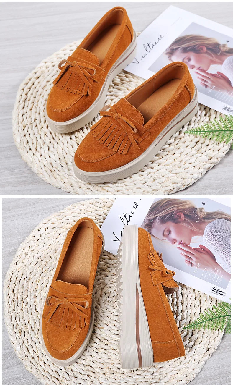 Cow Suede Leather Platform Flat Shoes