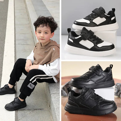 Kids Black Leather Casual Sneakers