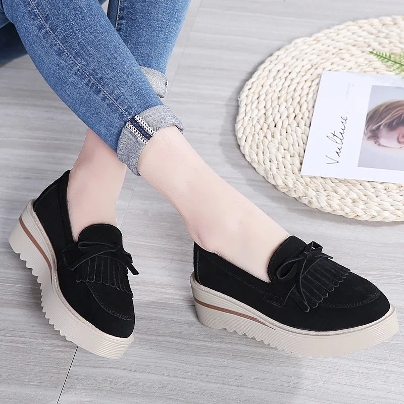 Cow Suede Leather Platform Flat Shoes
