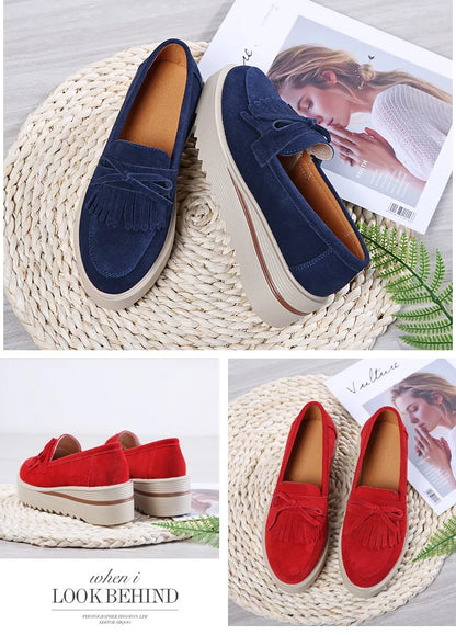 Cow Suede Leather Platform Flat Shoes