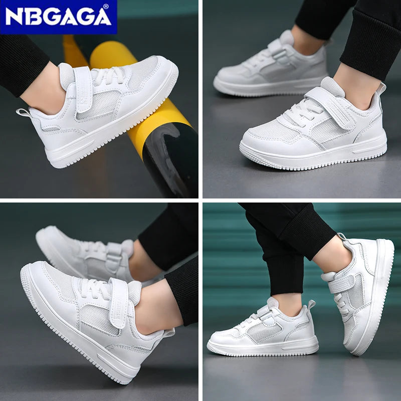 Kids Black Leather Casual Sneakers