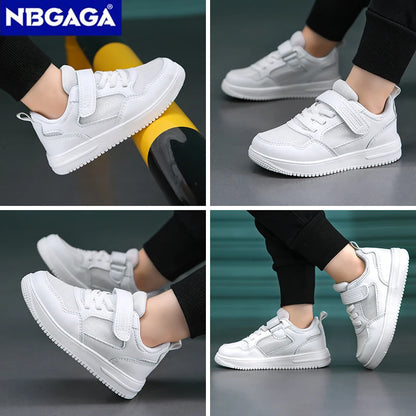 Kids Black Leather Casual Sneakers