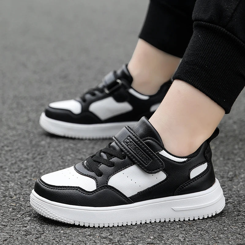 Kids Black Leather Casual Sneakers