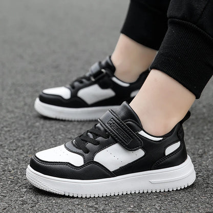 Kids Black Leather Casual Sneakers