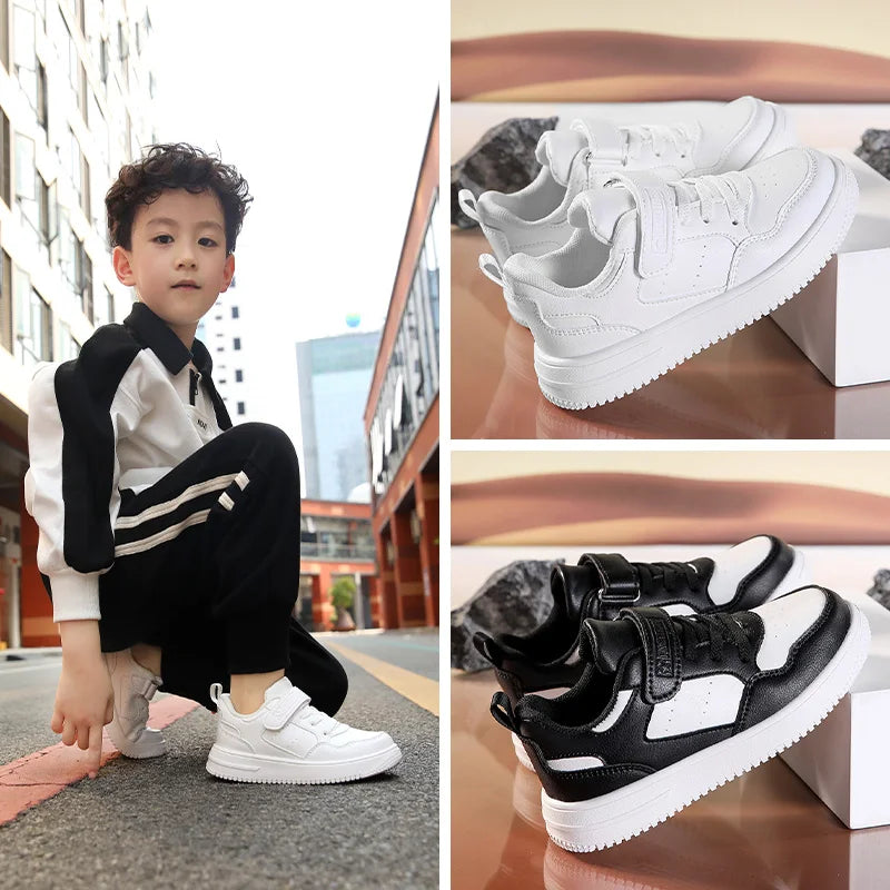 Kids Black Leather Casual Sneakers