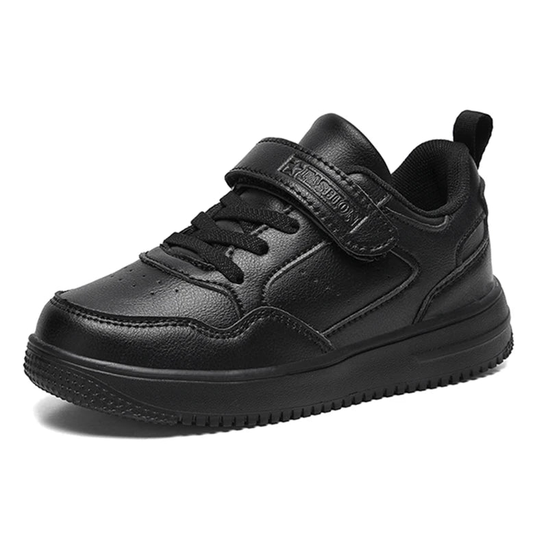 Kids Black Leather Casual Sneakers