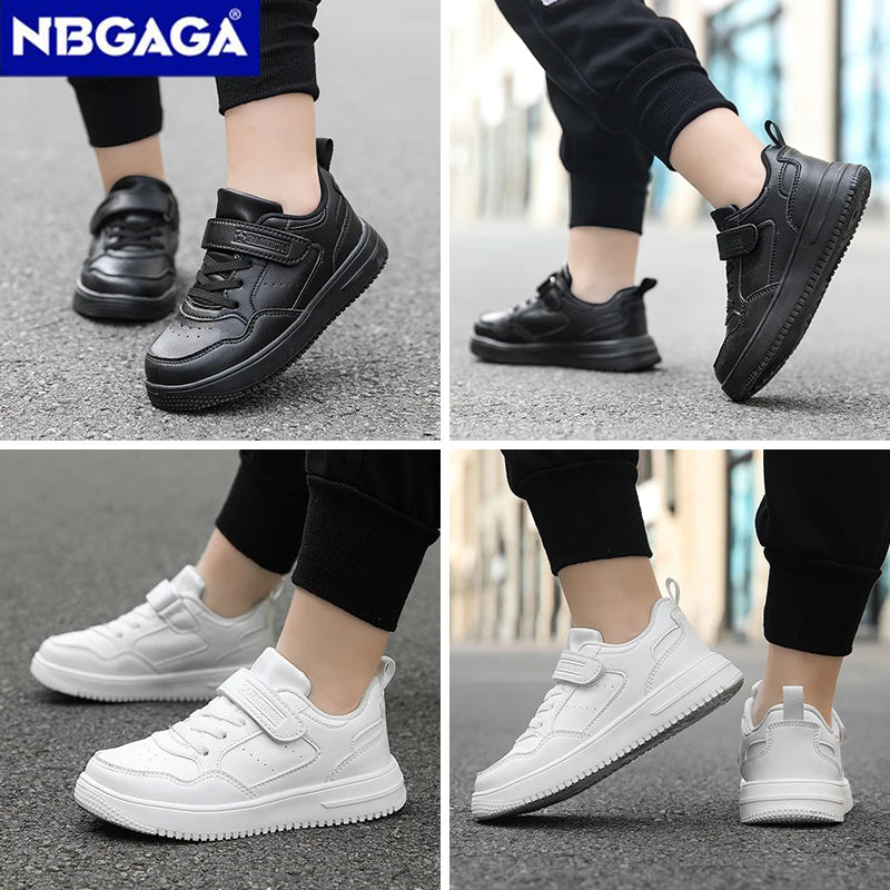 Kids Black Leather Casual Sneakers