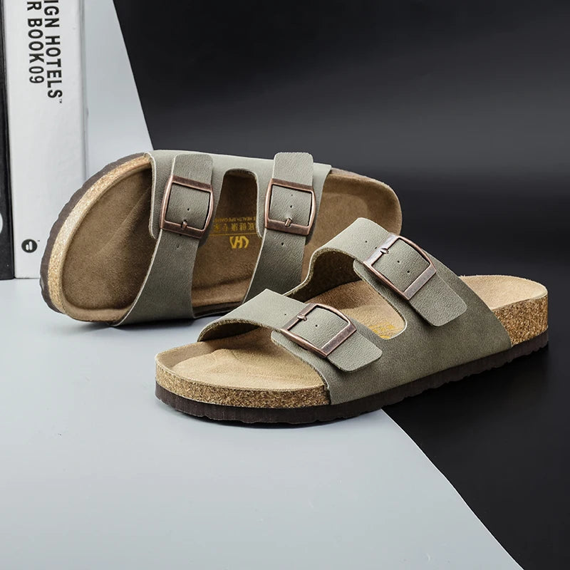 Men Brown Cork Faux Suede Sandals
