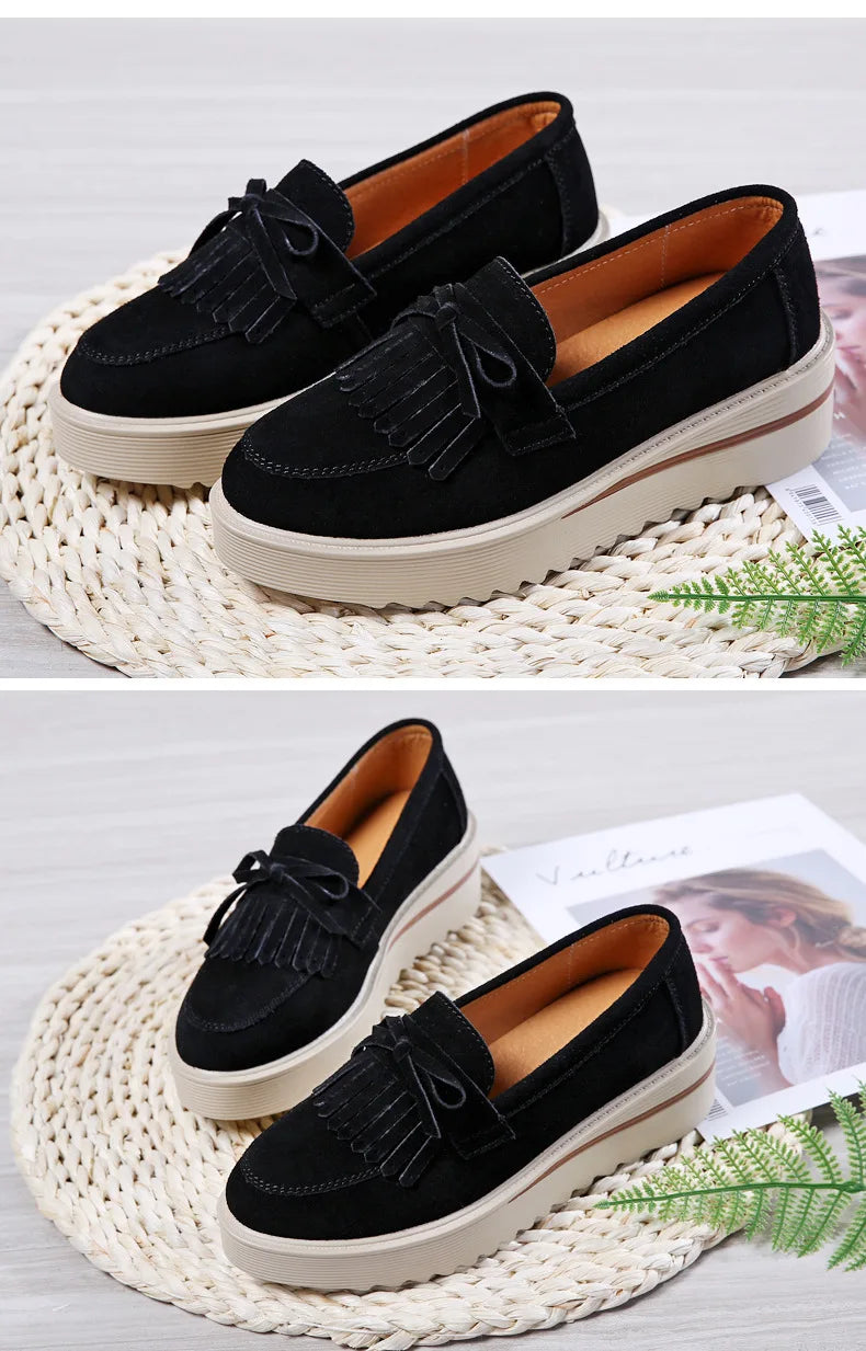 Cow Suede Leather Platform Flat Shoes