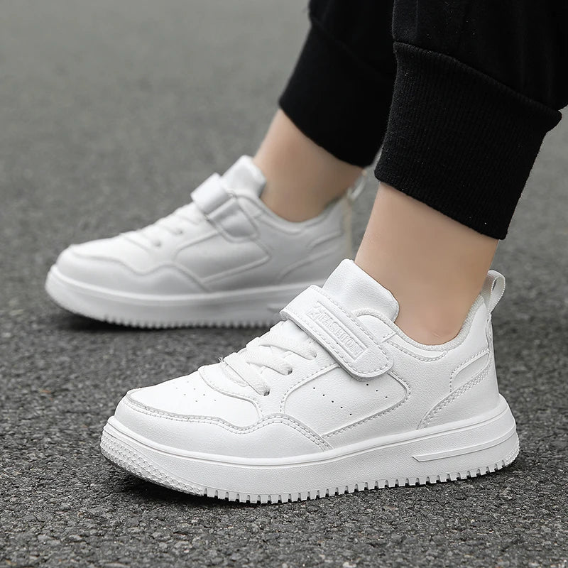 Kids Black Leather Casual Sneakers