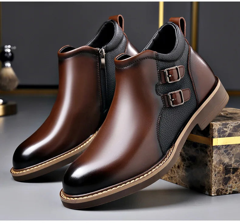 Men’s Leather Ankle Chelsea Buckle Boots