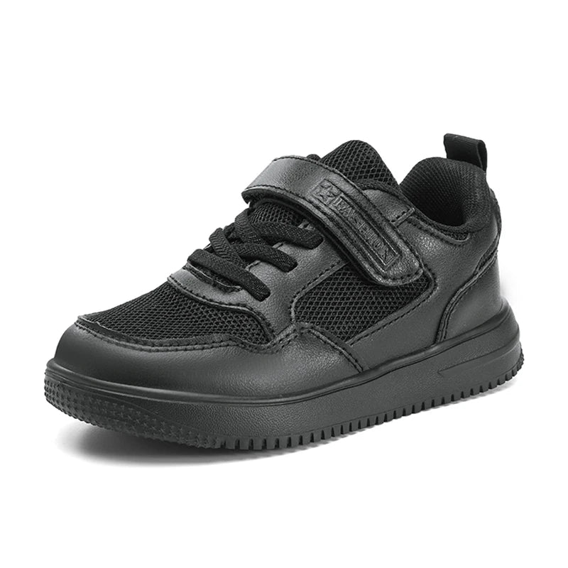Kids Black Leather Casual Sneakers