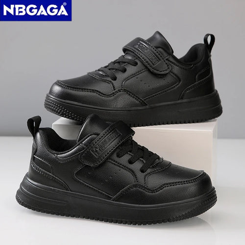 Kids Black Leather Casual Sneakers