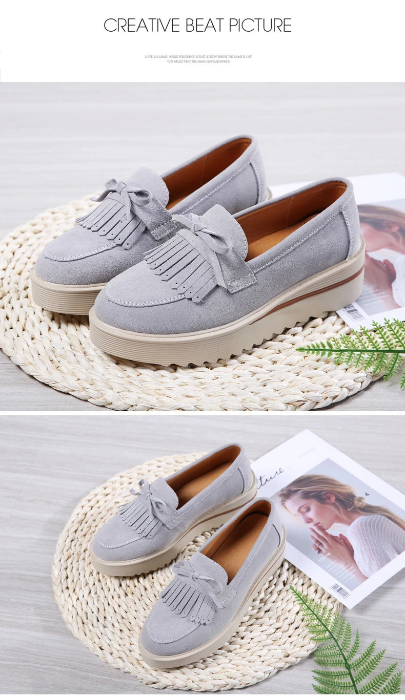 Cow Suede Leather Platform Flat Shoes