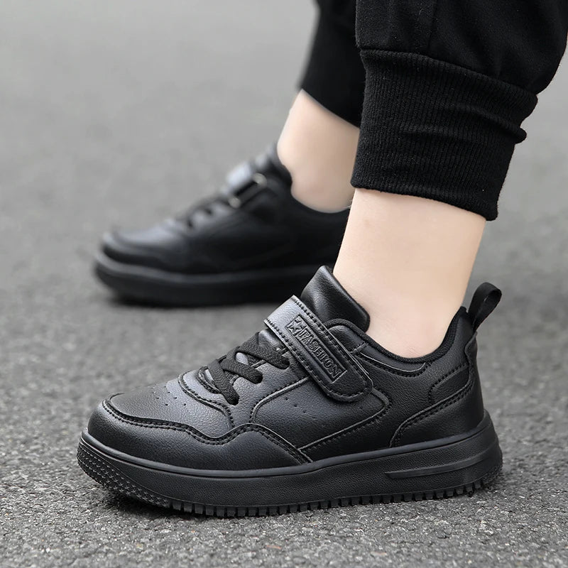Kids Black Leather Casual Sneakers