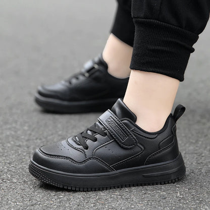 Kids Black Leather Casual Sneakers