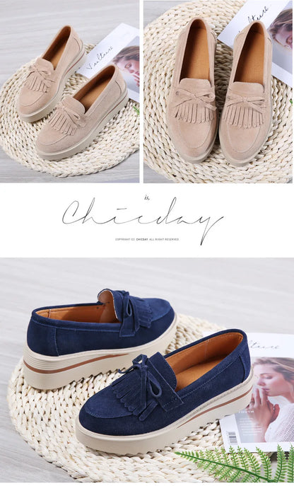 Cow Suede Leather Platform Flat Shoes