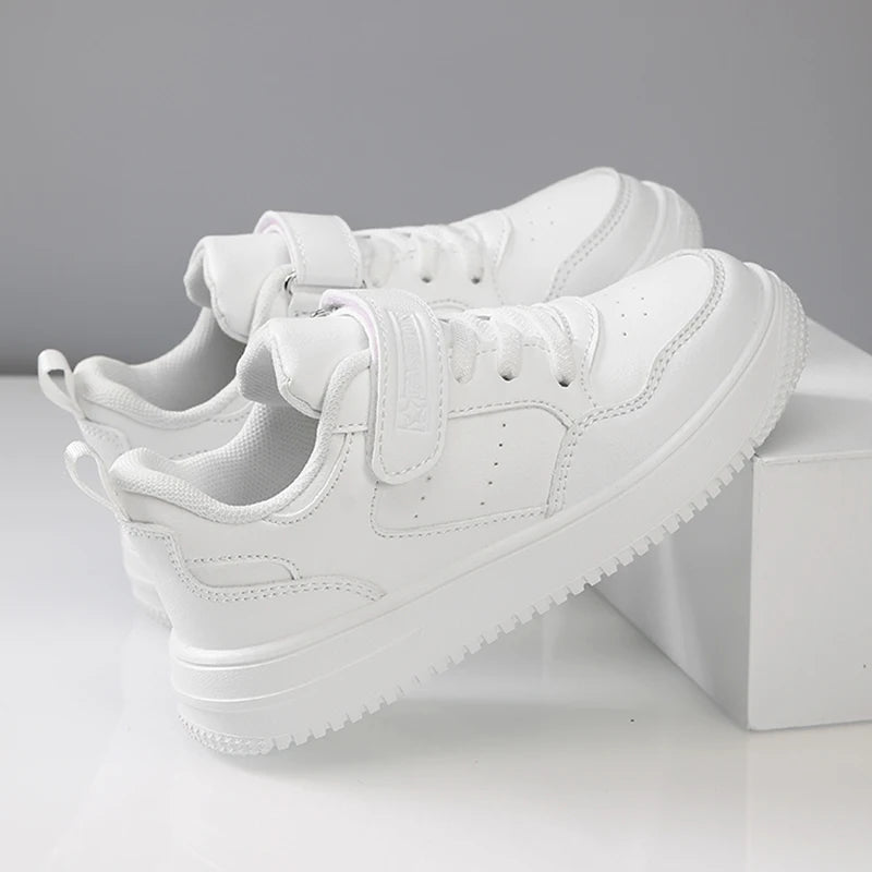 Kids Black Leather Casual Sneakers