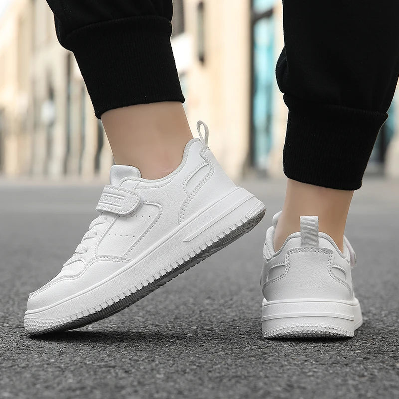 Kids Black Leather Casual Sneakers