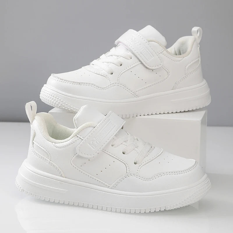 Kids Black Leather Casual Sneakers