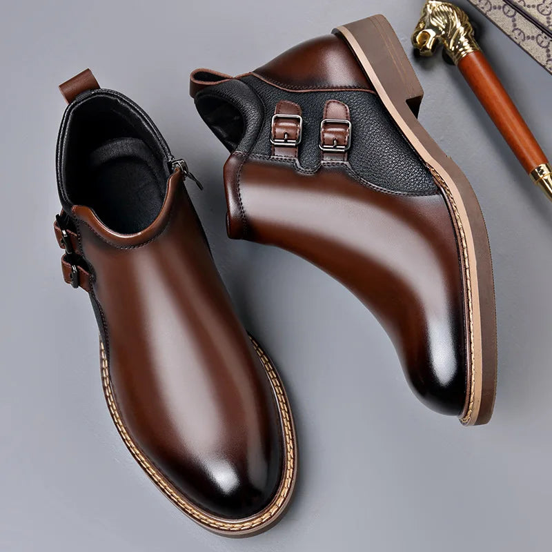 Men’s Leather Ankle Chelsea Buckle Boots