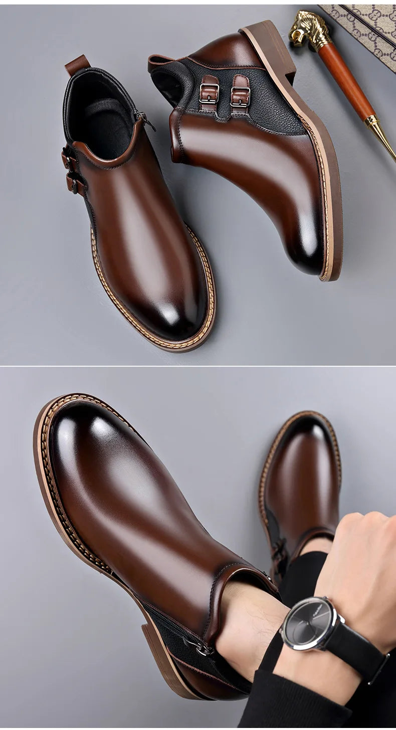 Men’s Leather Ankle Chelsea Buckle Boots