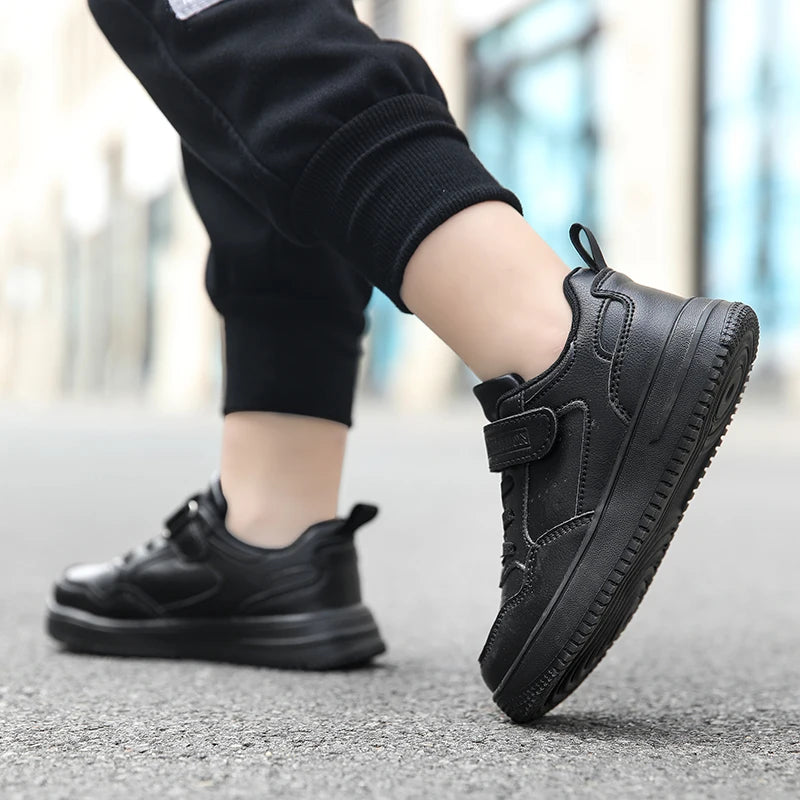 Kids Black Leather Casual Sneakers