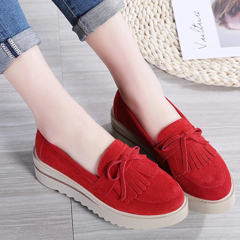 Cow Suede Leather Platform Flat Shoes