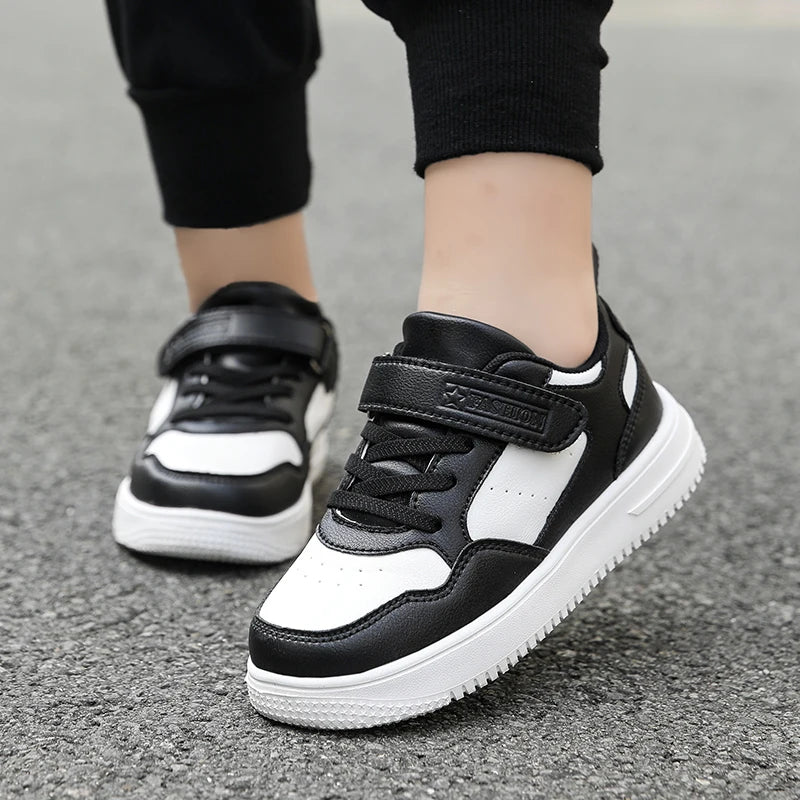 Kids Black Leather Casual Sneakers