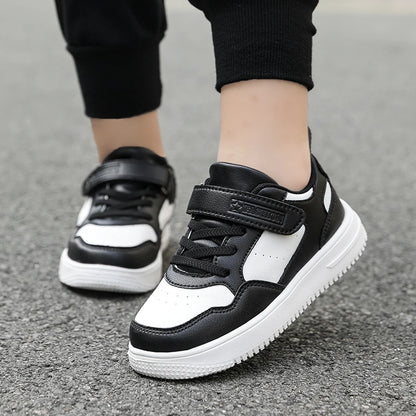 Kids Black Leather Casual Sneakers